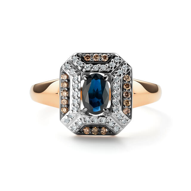 Кольцо 15831-170 1 Сапфир  Овал 0,583 6х4 2/2, 16 Бриллиант коньяк Круг 57 0,088 200-400 7/6А, 32 Бр