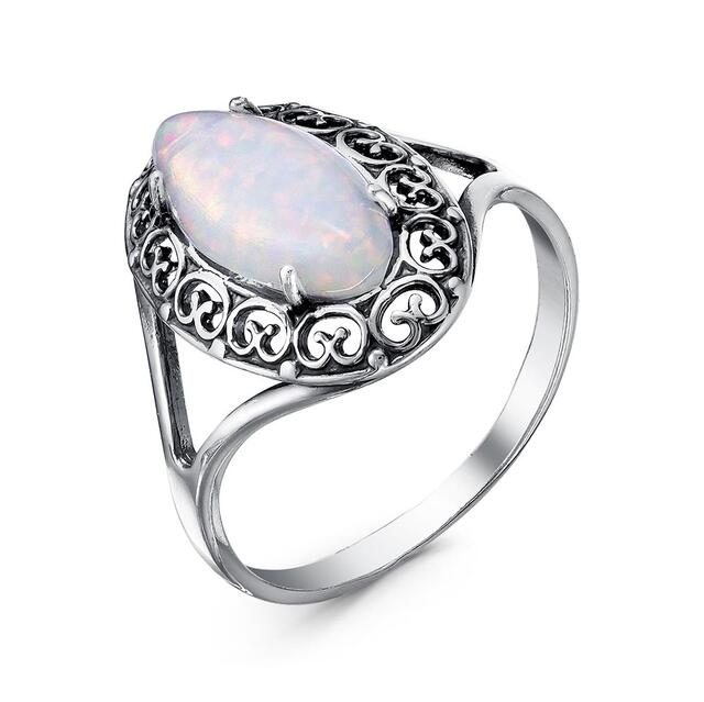 Кольцо из черненого серебра с синтетическим белым опалом