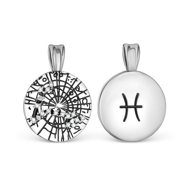 Подвеска-знак зодиака "Рыбы" из черненого серебра с фианитами