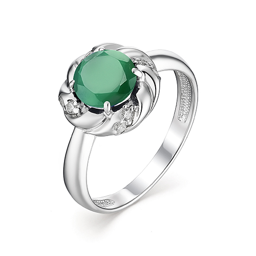 Кольцо из серебра с зеленым агатом и фианитами