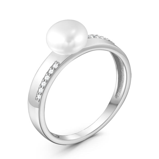 Кольцо из серебра с фианитами и жемчугом (культ.)